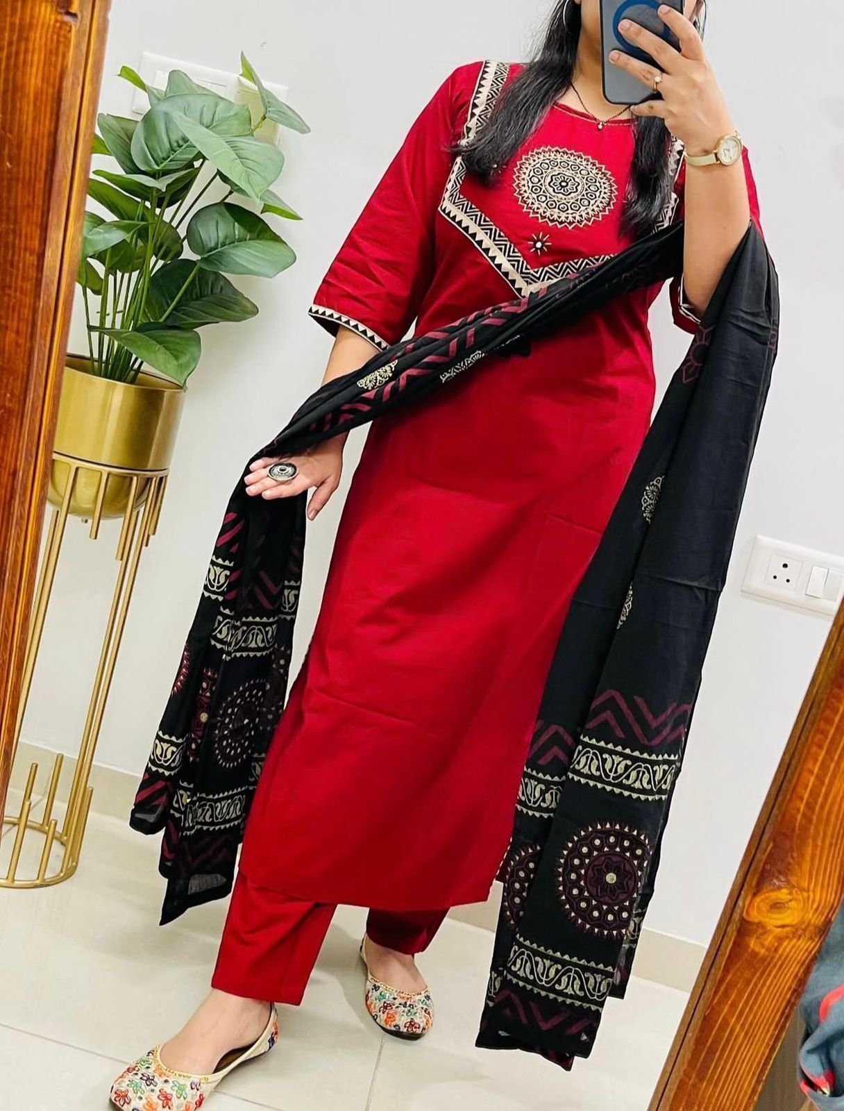 Red Handwork Cotton Suit Set
